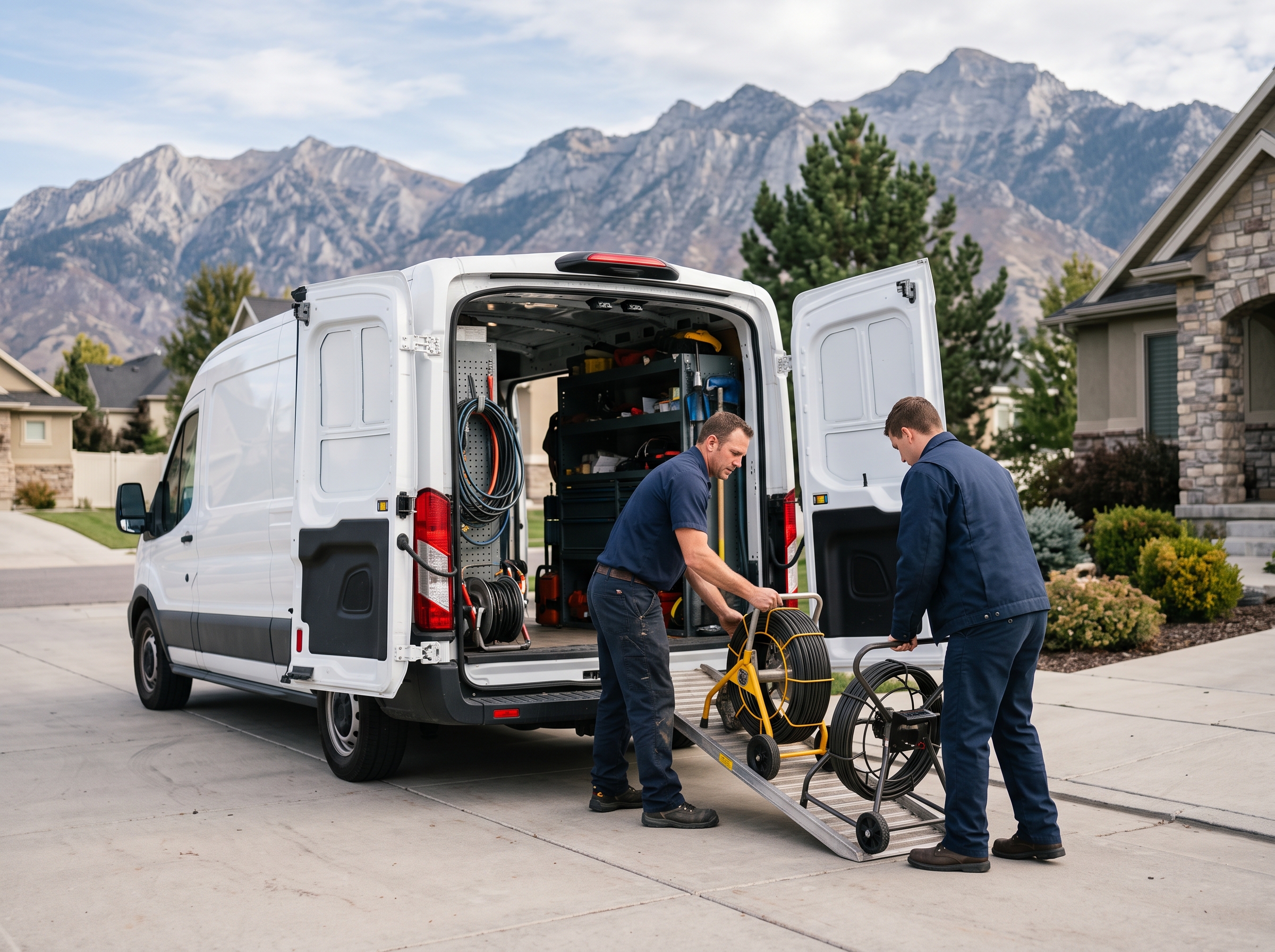 Jetstar technicians loading drain and sewer equipment into the service van in Provo, UT