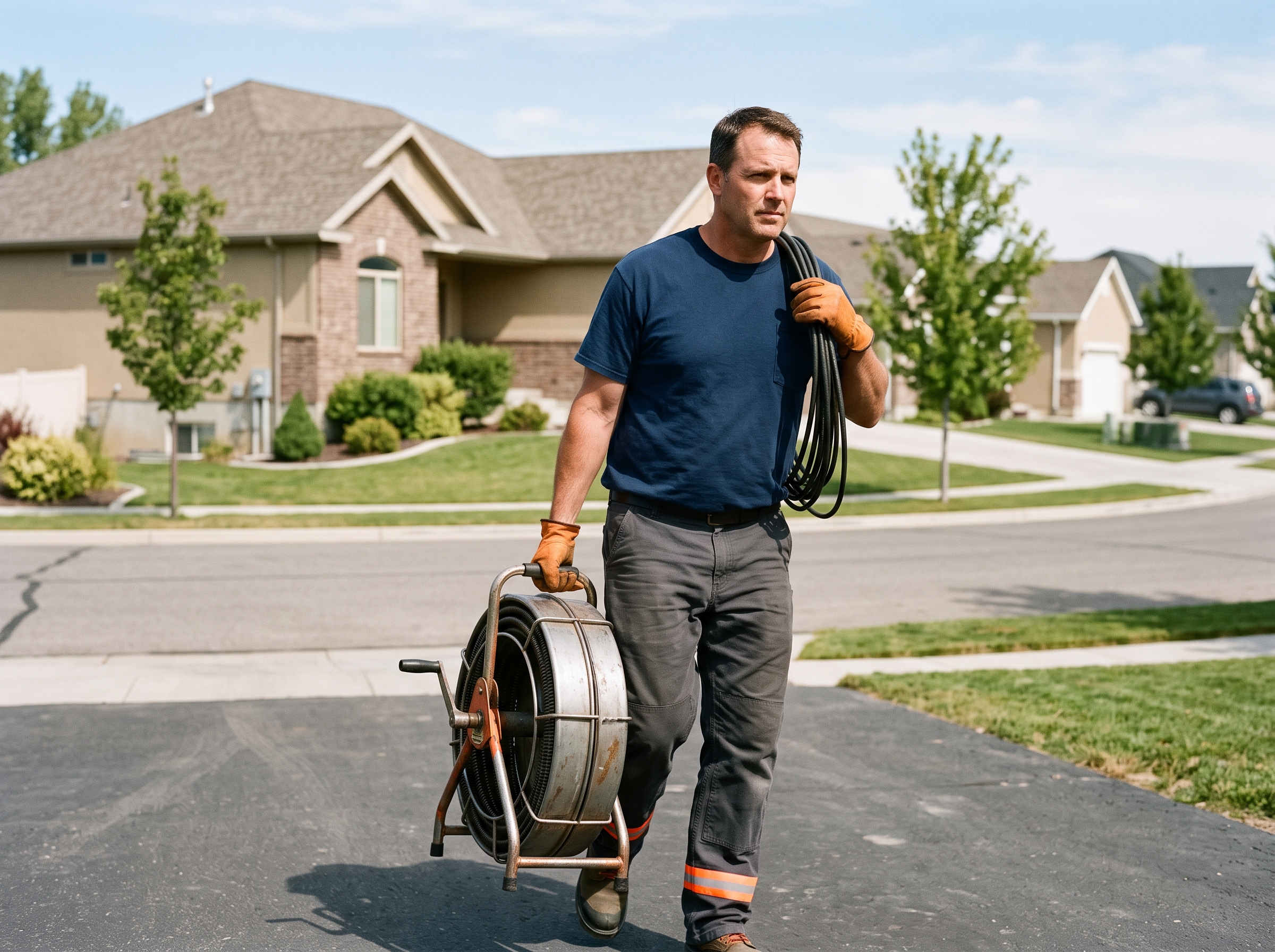 A Jetstar plumber carrying a drain machine up to a house in Orem, UT