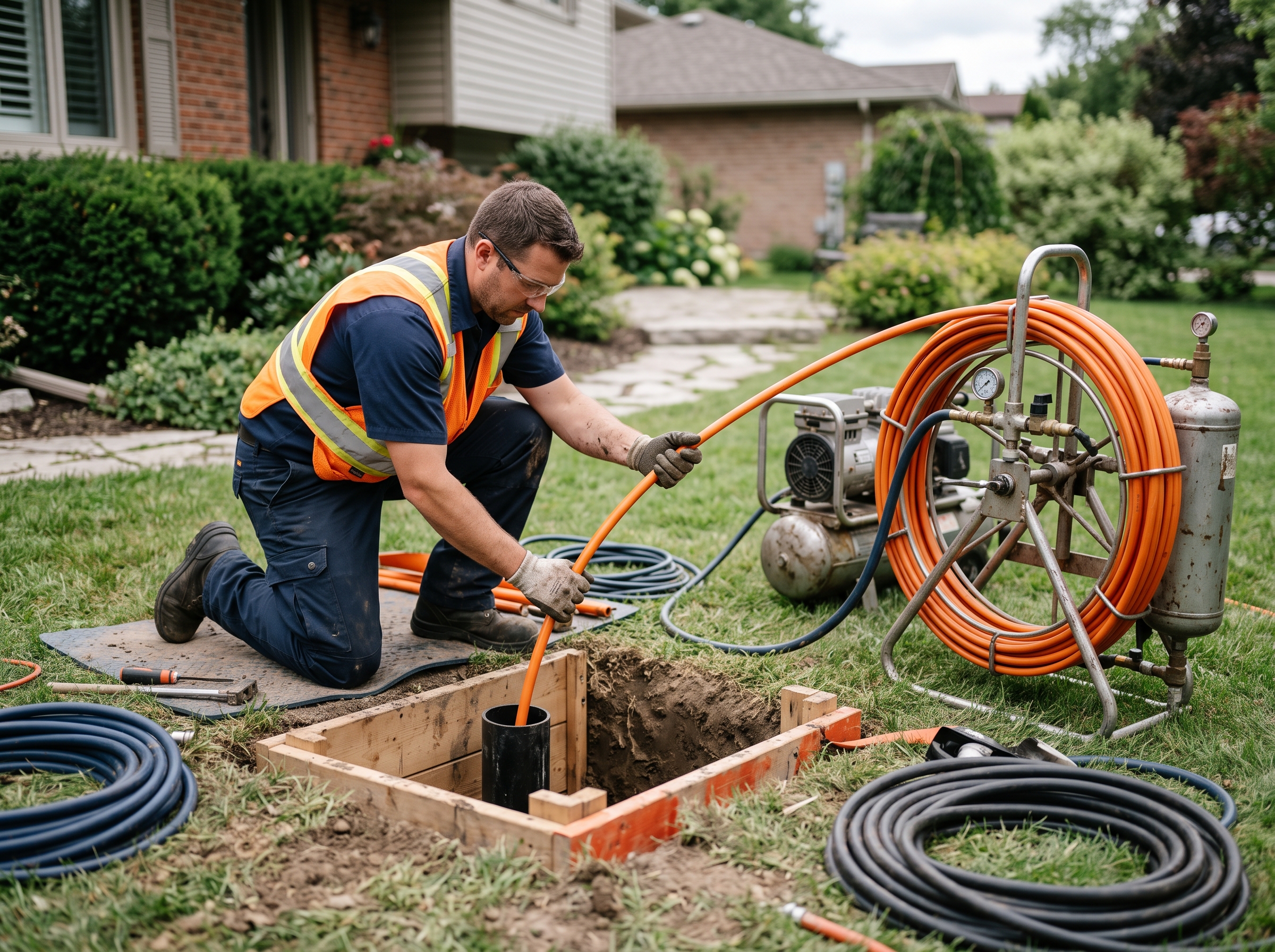 Sewer repair crew evaluating an underground line for trenchless work